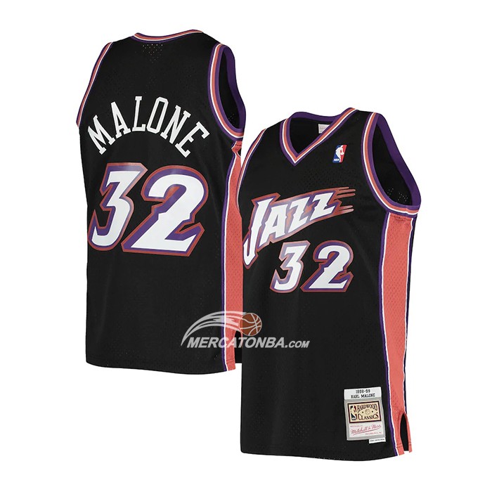 Maglia Utah Jazz Karl Malone No 32 Hardwood Classics 1998-99 Nero